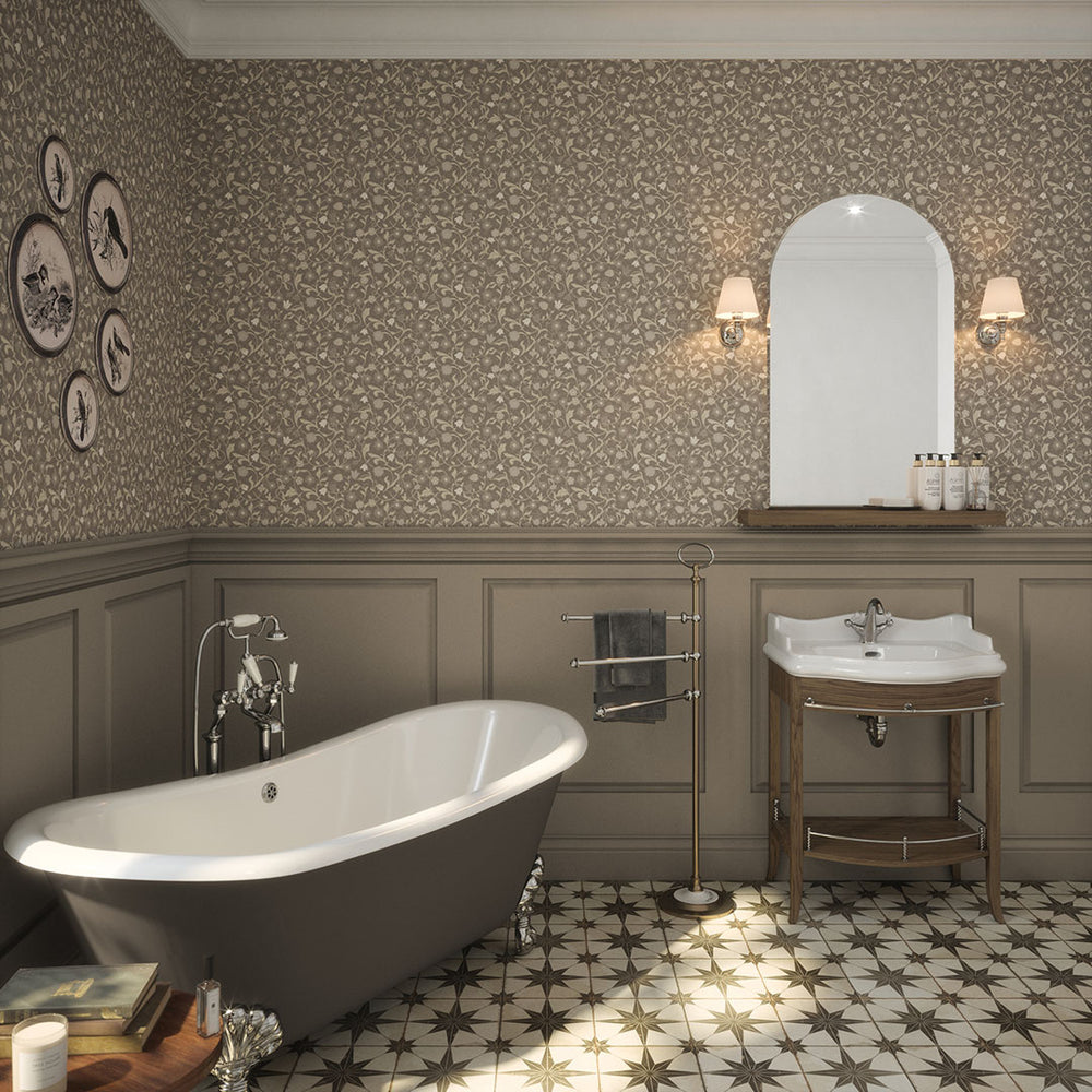 Rosehill Cottage Wallpaper in Vintage Cream on Earl Grey