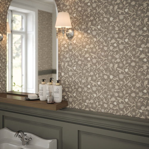 Rosehill Cottage Wallpaper in Vintage Cream on Earl Grey