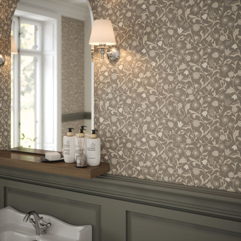 Rosehill Cottage Wallpaper in Vintage Cream on Earl Grey