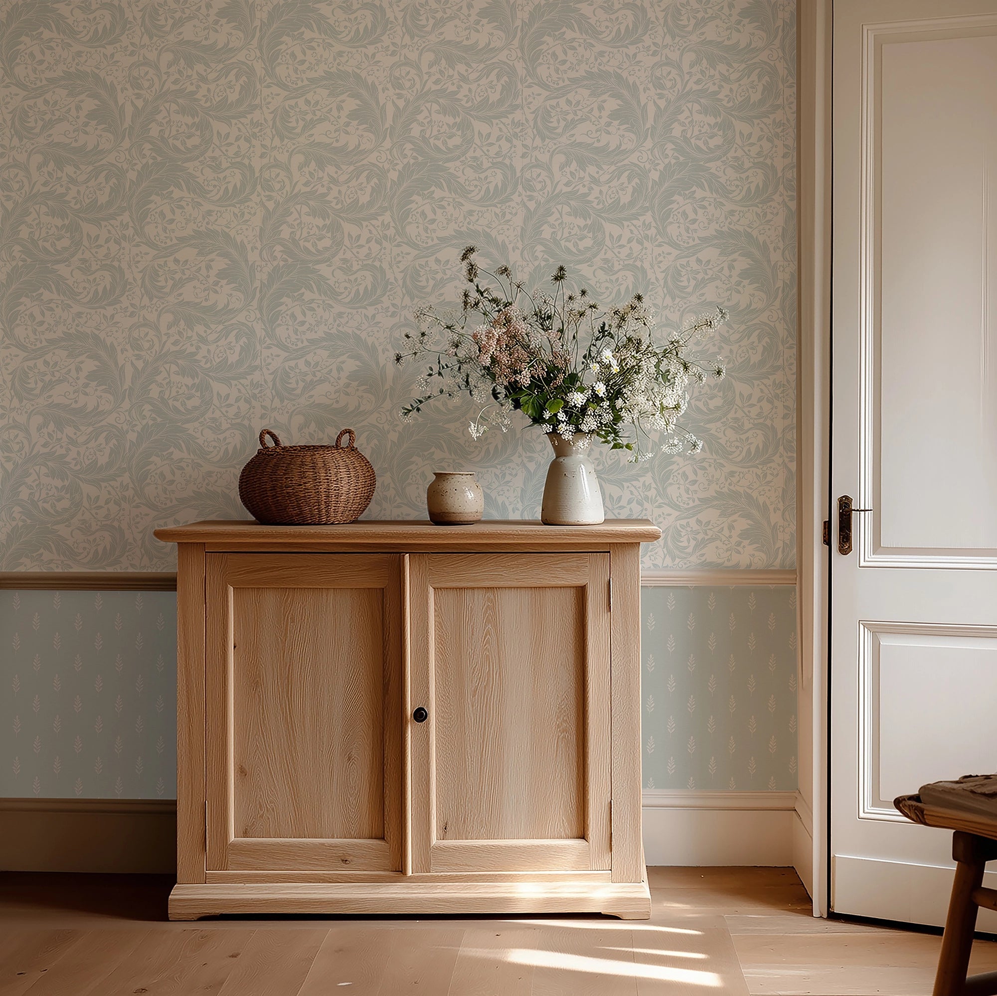 Rowan Wallpaper in Milk White on Blue
