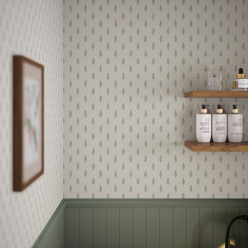 Rowan Wallpaper in Smokey Green on Cream