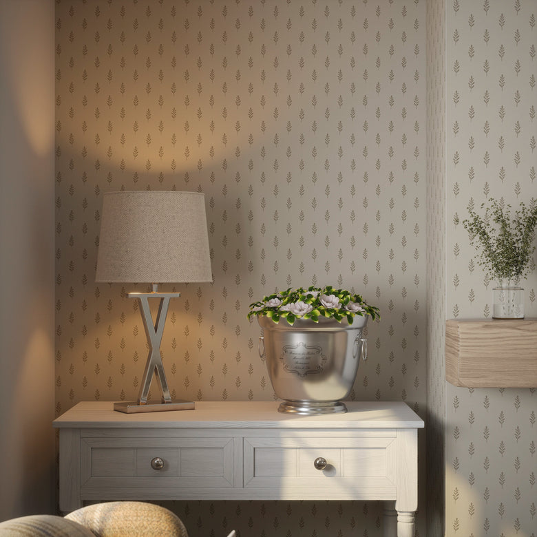 Rowan Wallpaper in Soft Brown on Biscuit