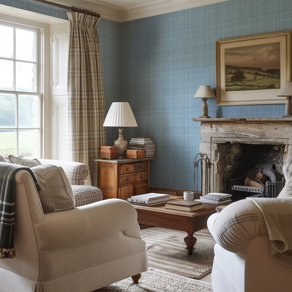 Royal Check Wallpaper in Soft Teal, Beige and Dark Teal