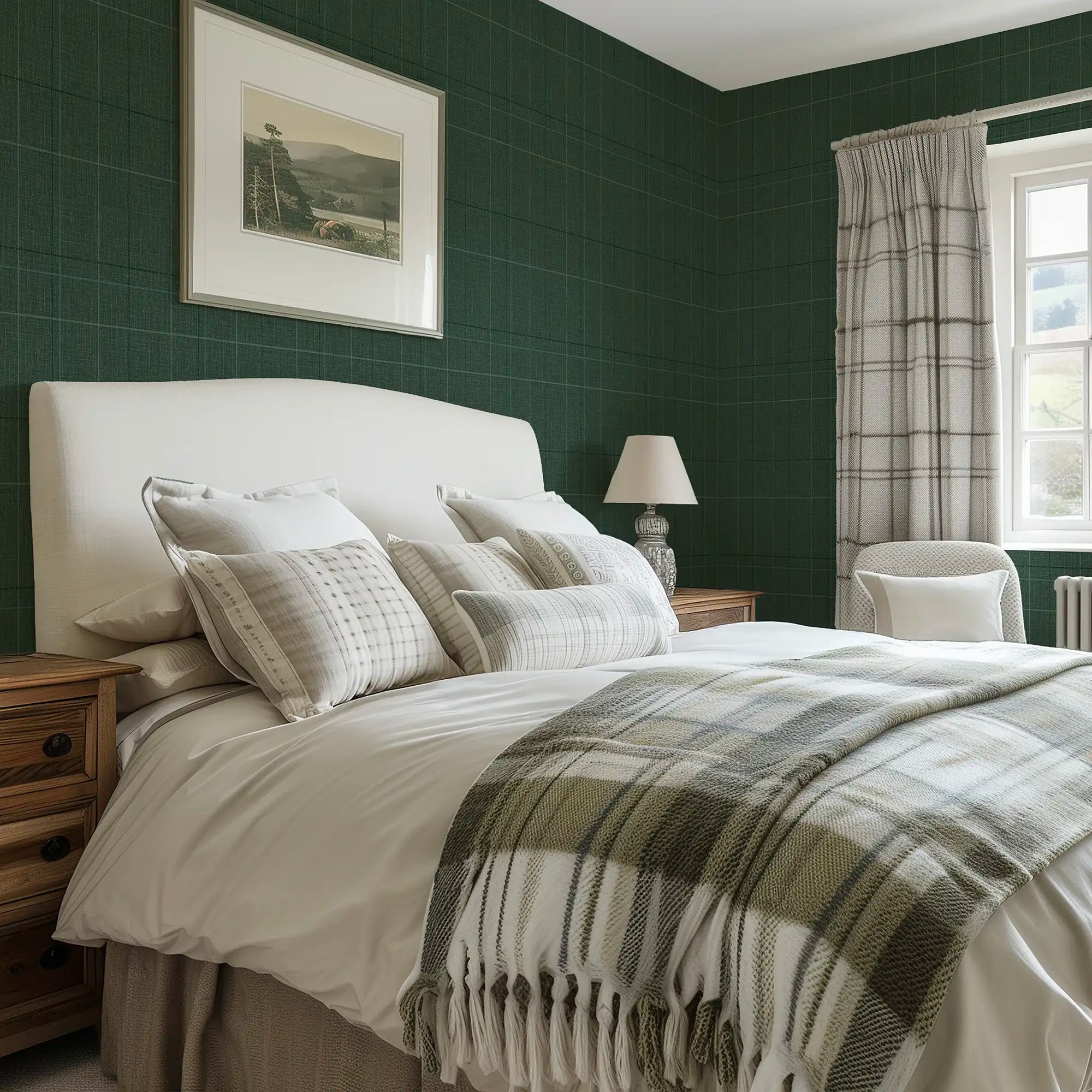 Royal Check Wallpaper in Dark Green, Sage and Turquoise