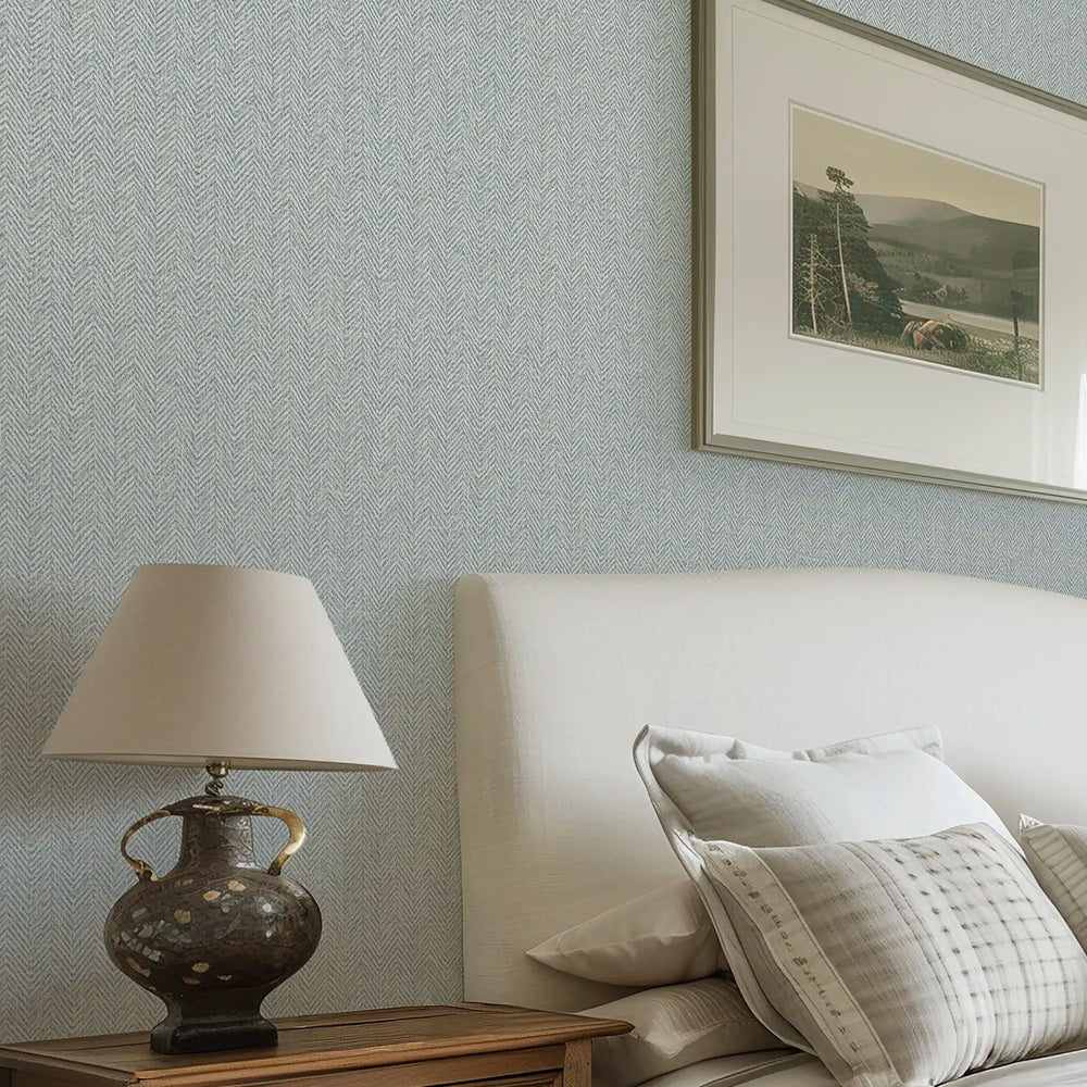 Royal Herringbone Wallpaper in Soft Teal