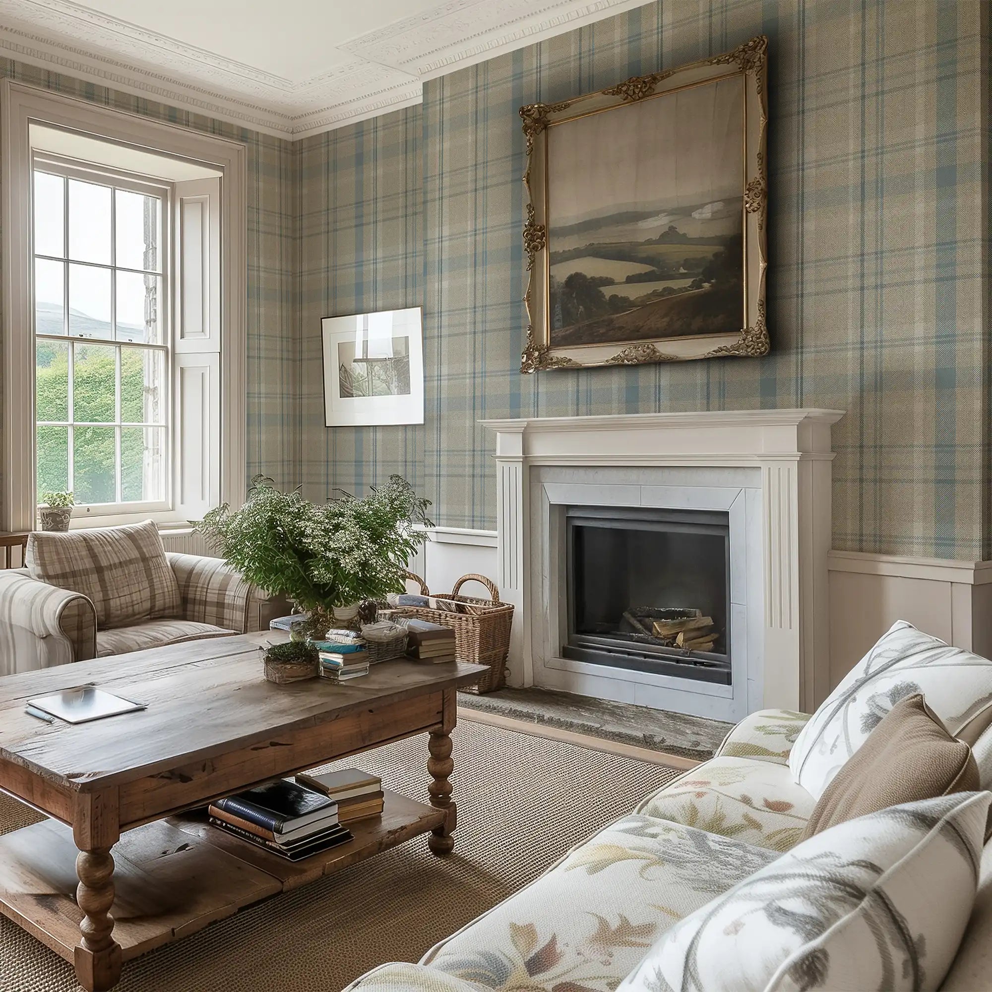 Royal Herringbone Tartan Wallpaper in Beige, Soft Teal and Cream
