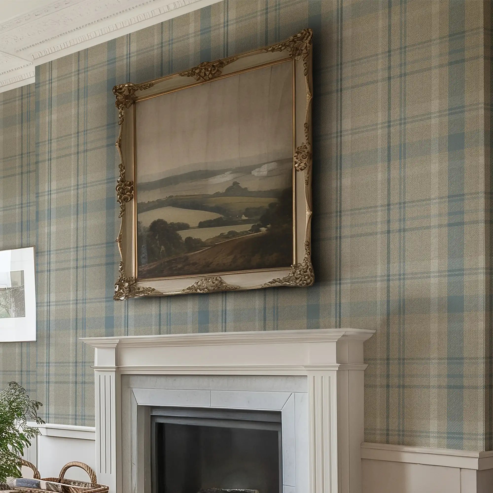 Royal Herringbone Tartan Wallpaper in Beige, Soft Teal and Cream