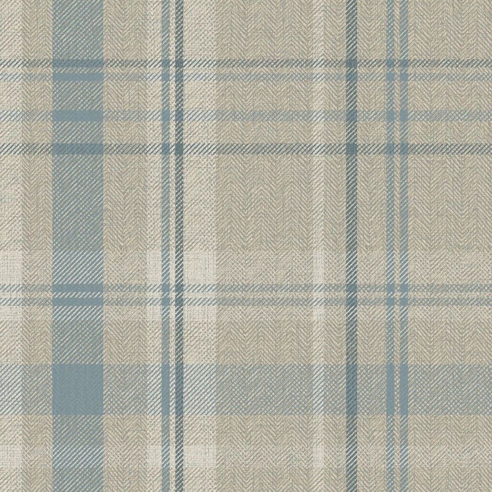 Royal Herringbone Tartan Wallpaper in Beige, Soft Teal and Cream