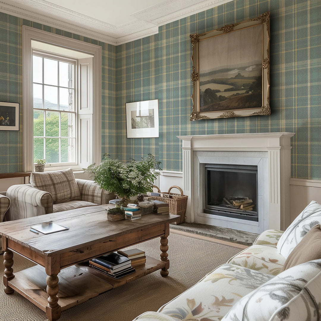 Royal Herringbone Tartan Wallpaper in Blue, Cream & Yellow