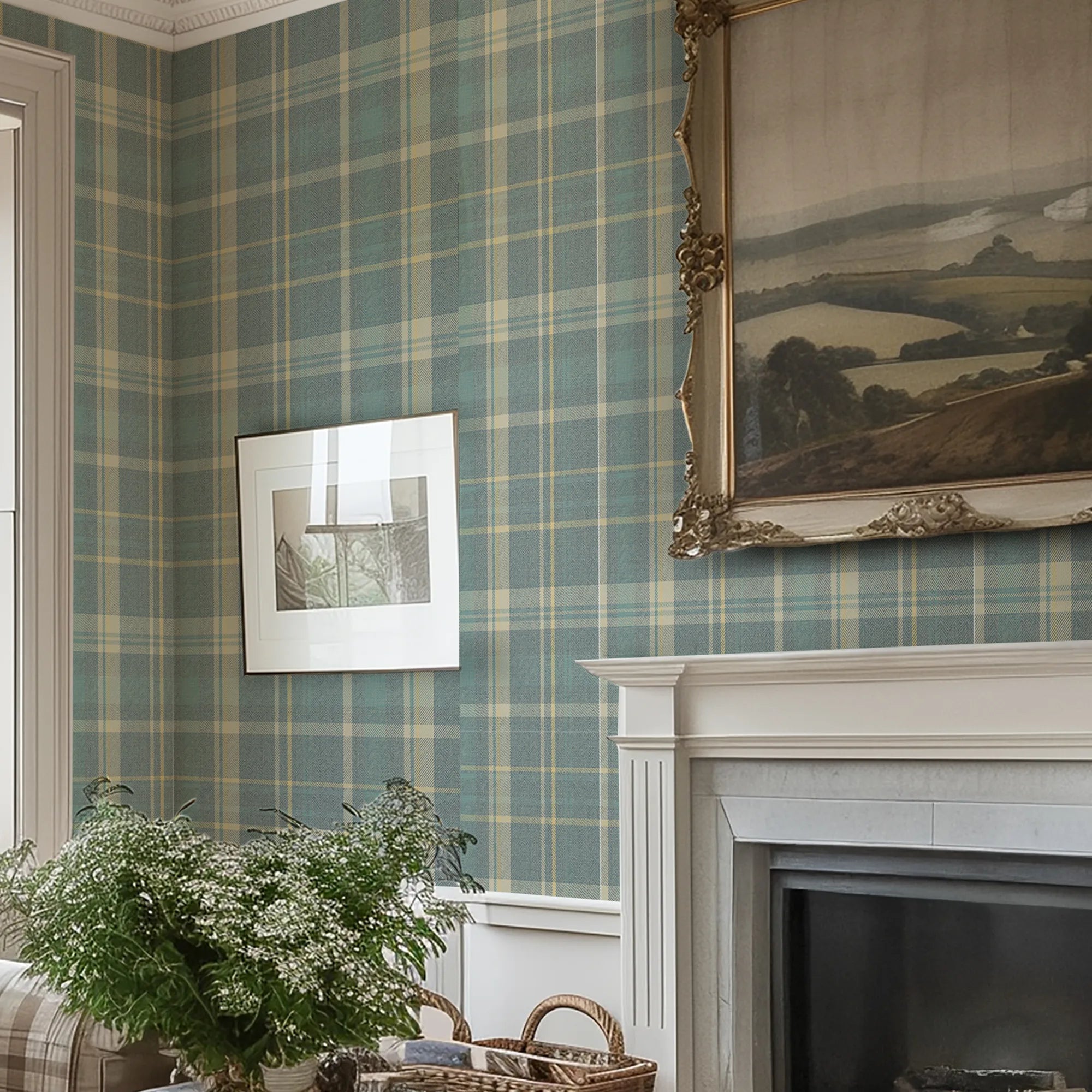 Royal Herringbone Tartan Wallpaper in Blue, Cream & Yellow