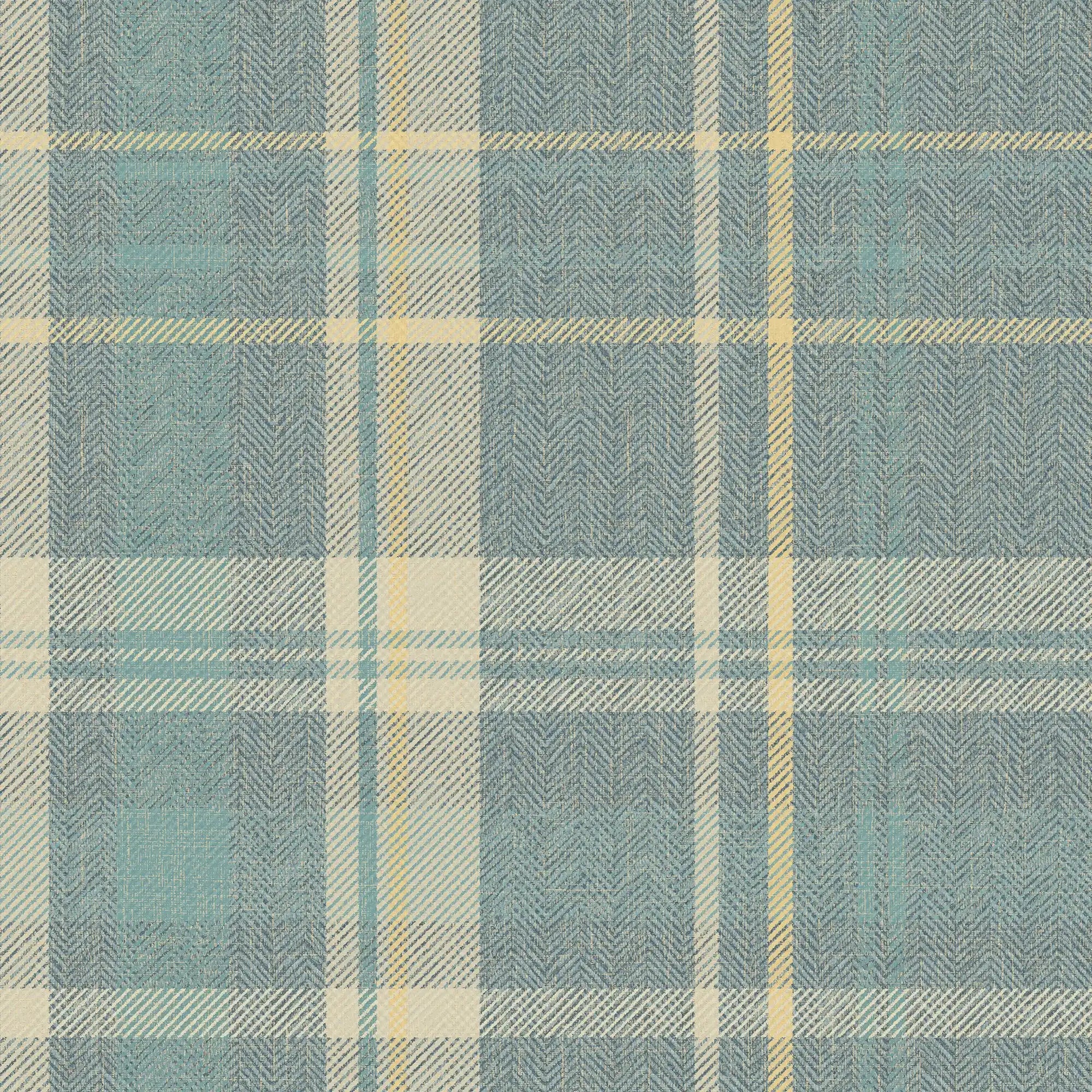 Royal Herringbone Tartan Wallpaper in Blue, Cream & Yellow
