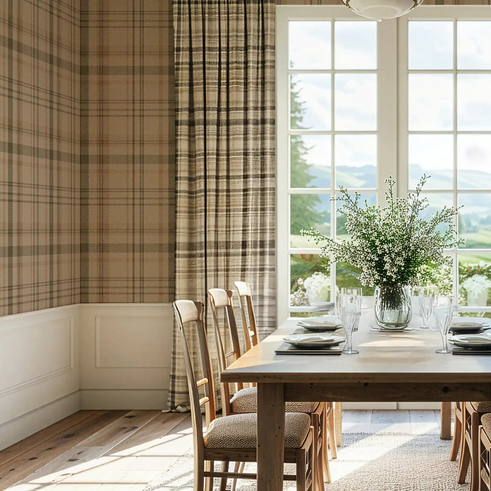 Royal Herringbone Tartan Wallpaper in Camel, Whiskey and Peat