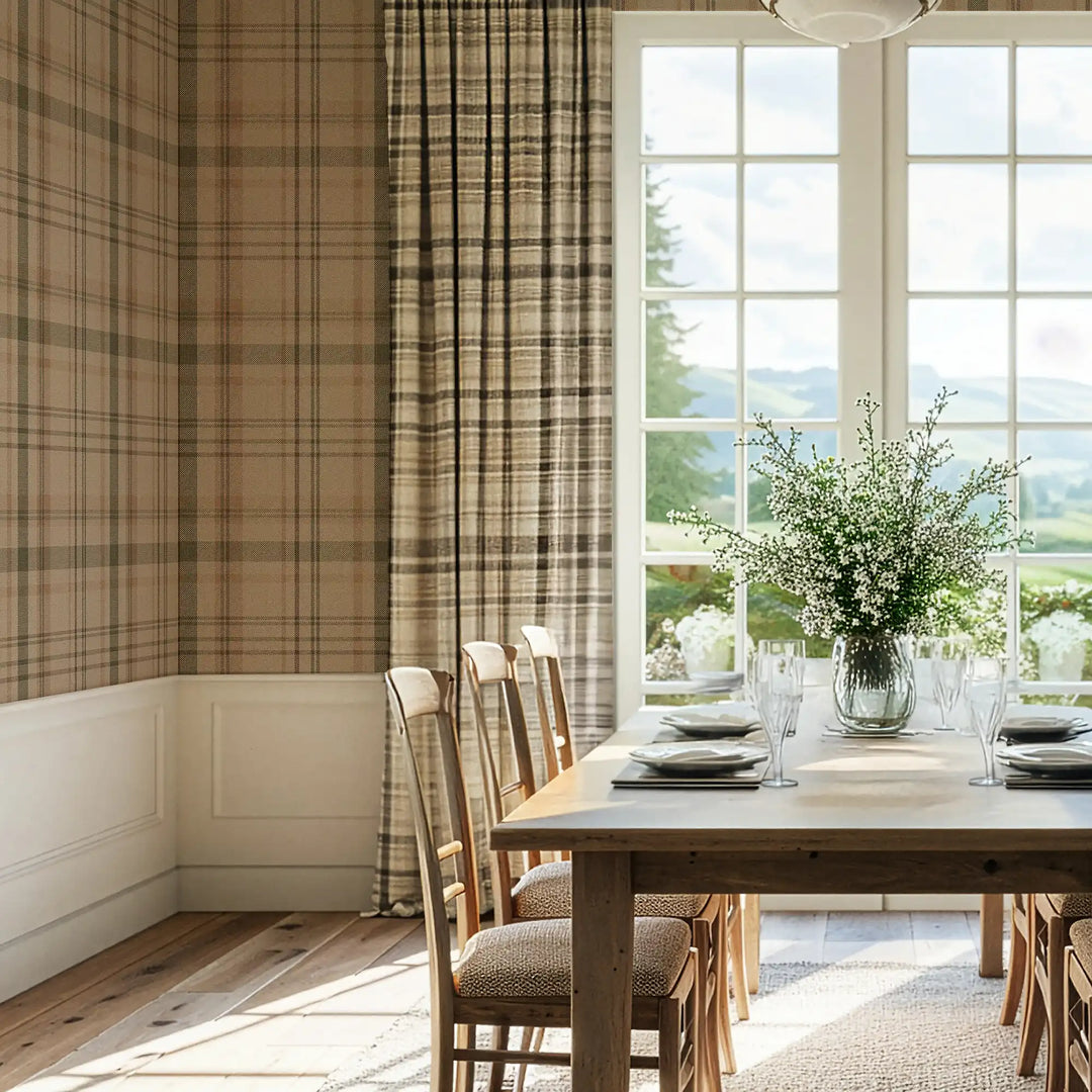 Royal Herringbone Tartan Wallpaper in Camel, Whiskey and Peat