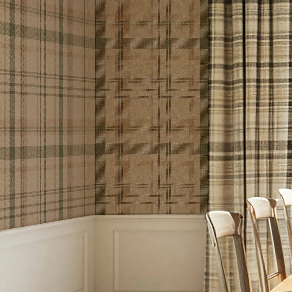 Royal Herringbone Tartan Wallpaper in Camel, Whiskey and Peat