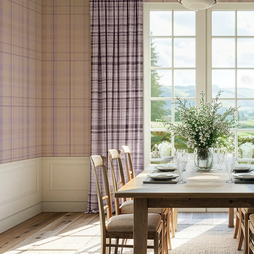 Royal Herringbone Tartan Wallpaper in Lavender, Beige and Plum
