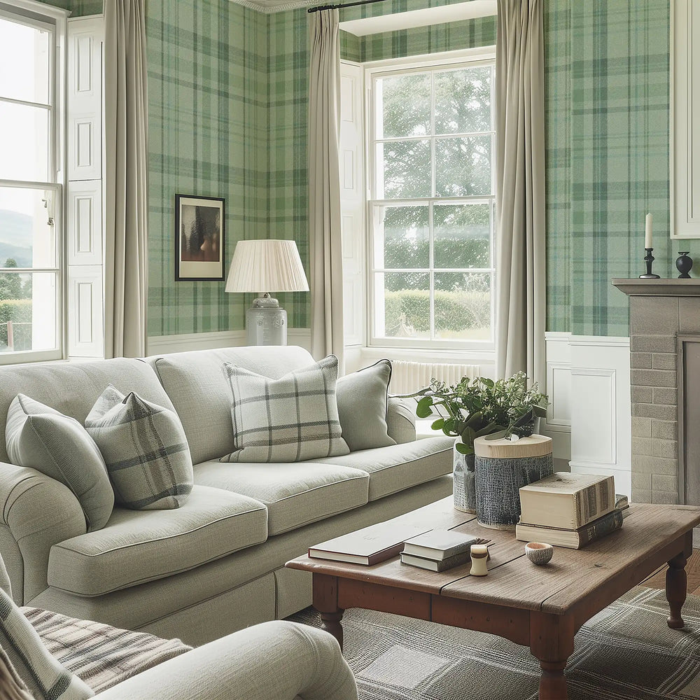Royal Herringbone Tartan Wallpaper in Sage, Green and Turquoise