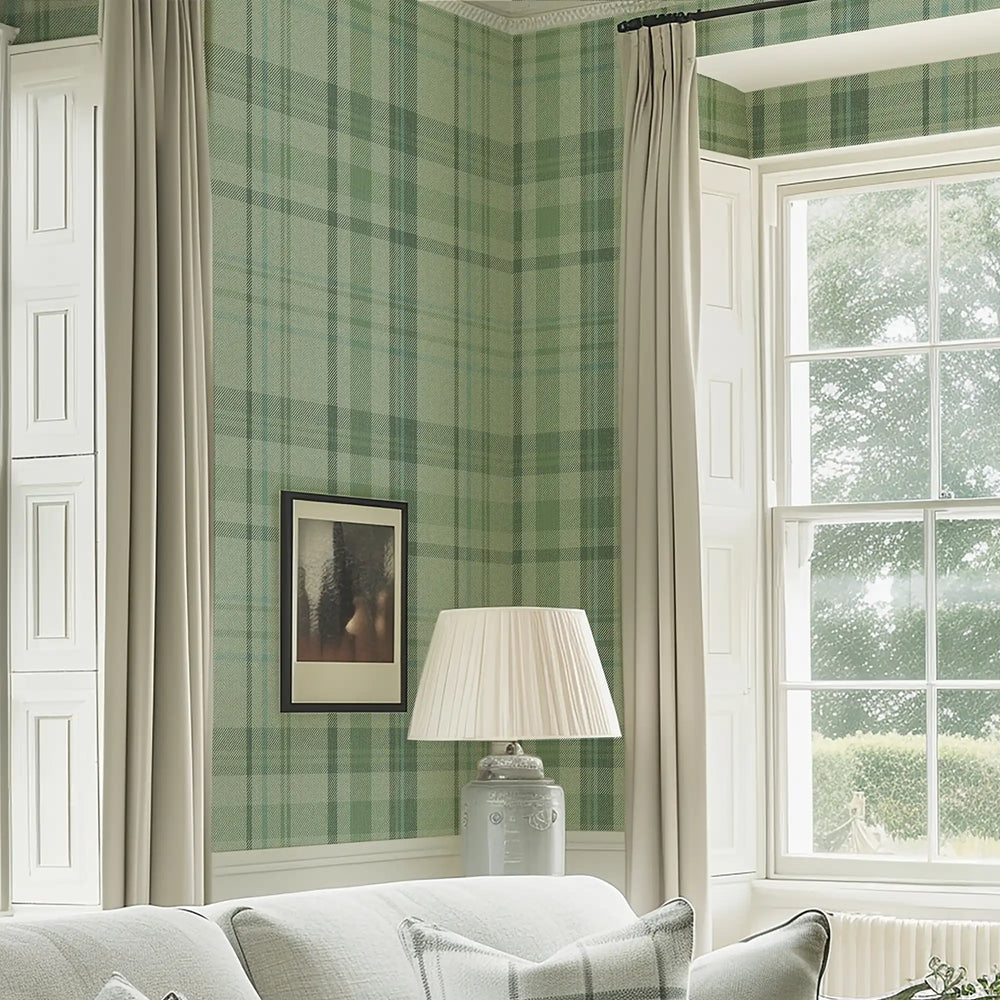 Royal Herringbone Tartan Wallpaper in Sage, Green and Turquoise