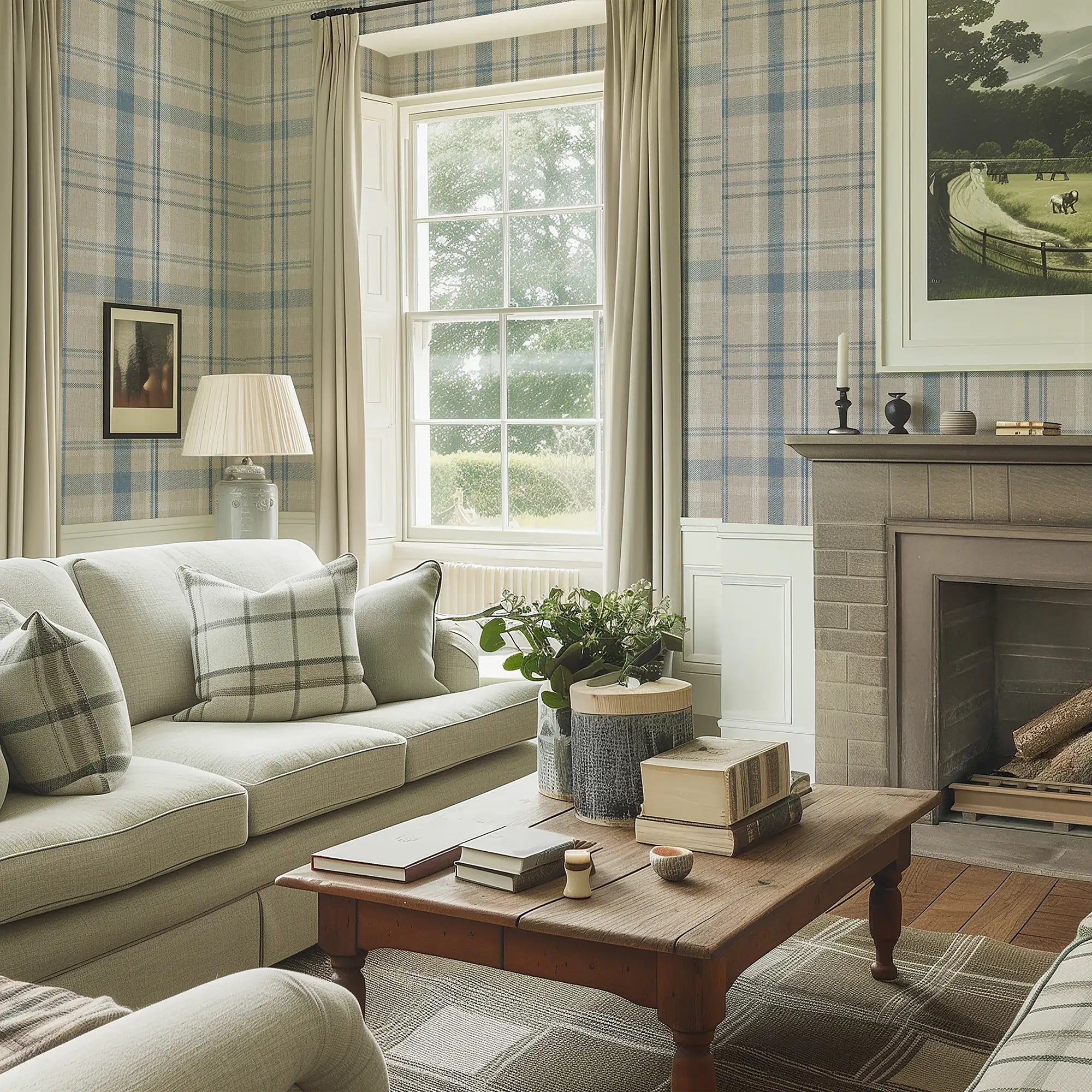 Royal Tartan Wallpaper in Beige, Soft Teal and Cream
