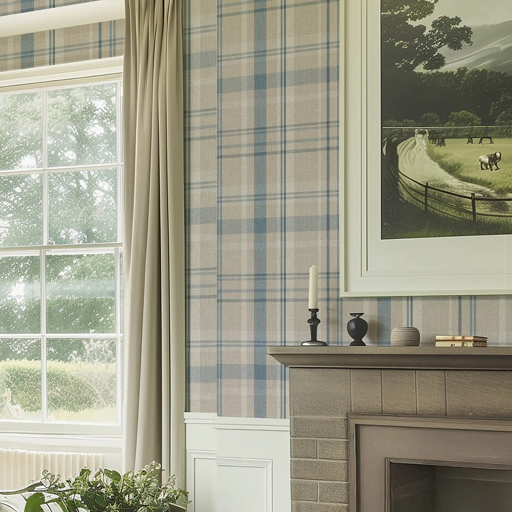 Royal Tartan Wallpaper in Beige, Soft Teal and Cream