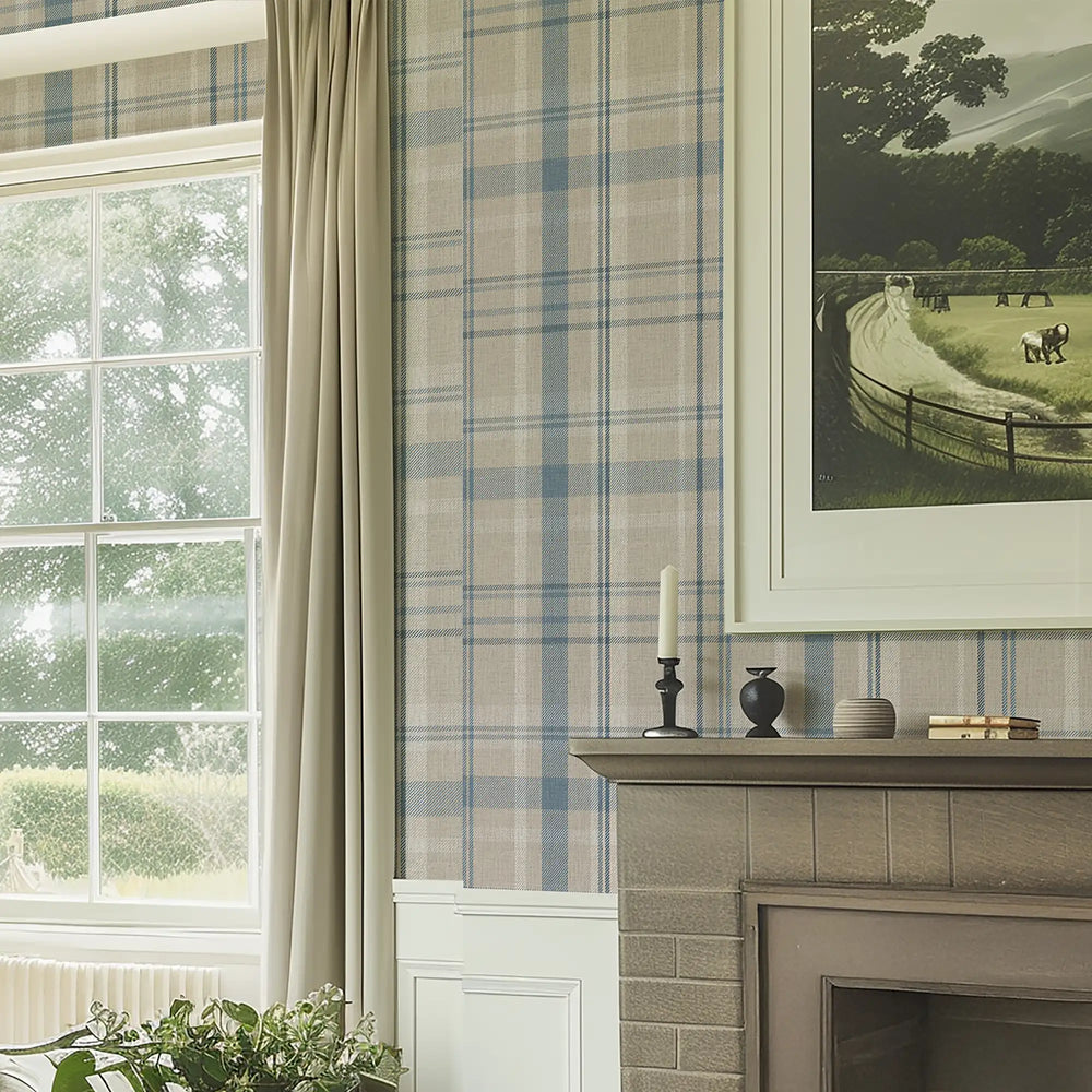 Royal Tartan Wallpaper in Beige, Soft Teal and Cream