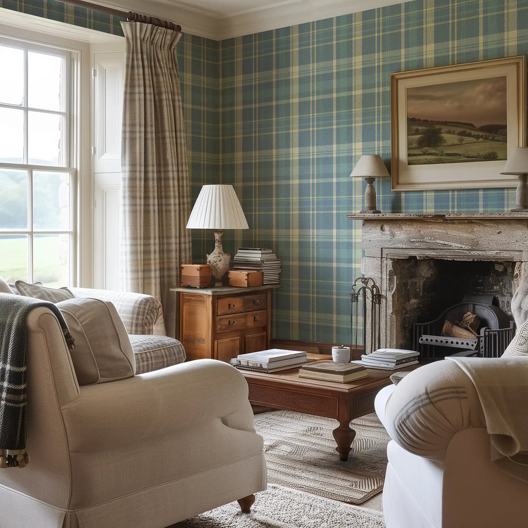 Royal Tartan Wallpaper in Blue, Cream and Yellow