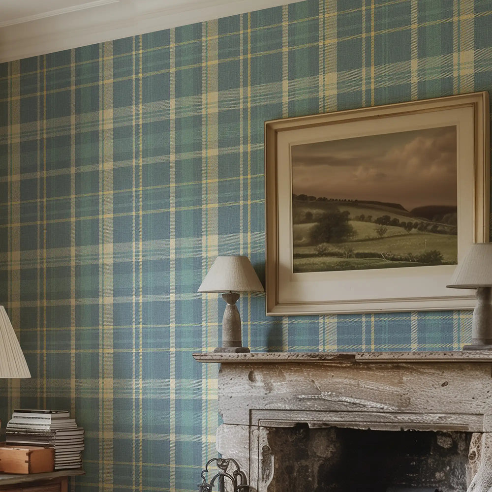 Royal Tartan Wallpaper in Blue, Cream and Yellow