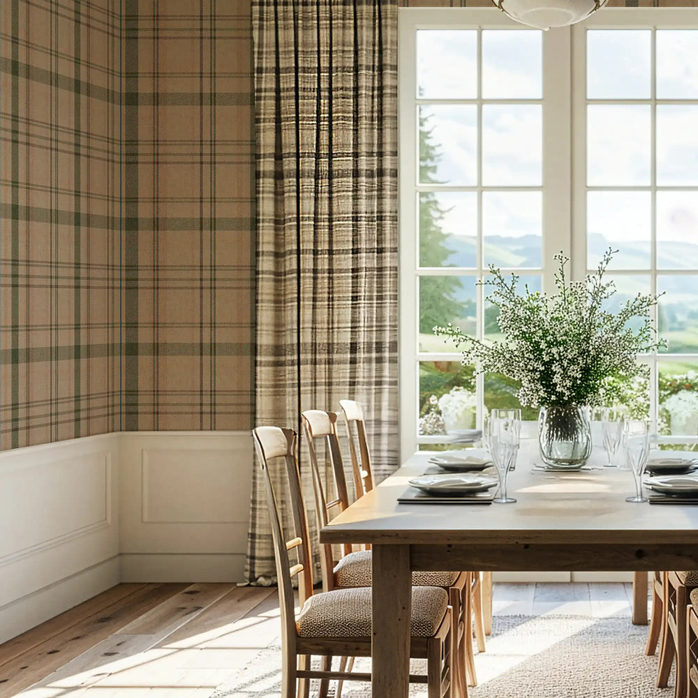 Royal Tartan Wallpaper in Camel, Whiskey and Peat