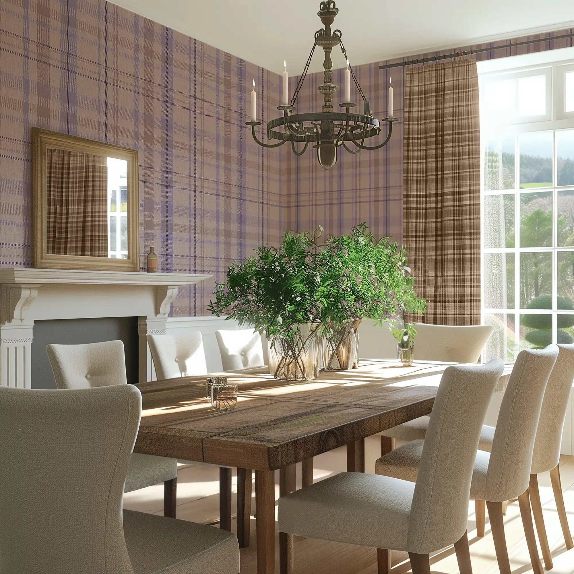 Royal Tartan Wallpaper in Lavender, Beige and Plum