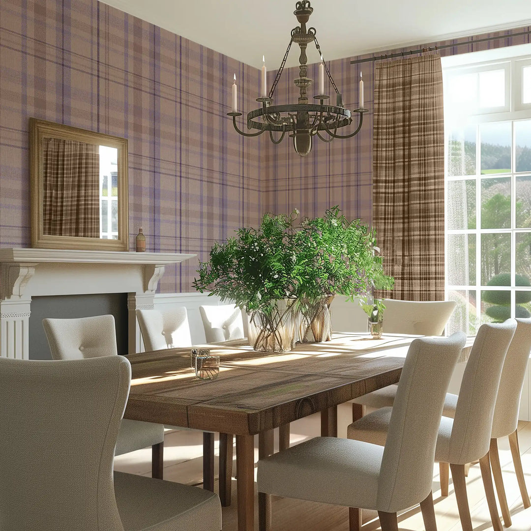 Royal Tartan Wallpaper in Lavender, Beige and Plum