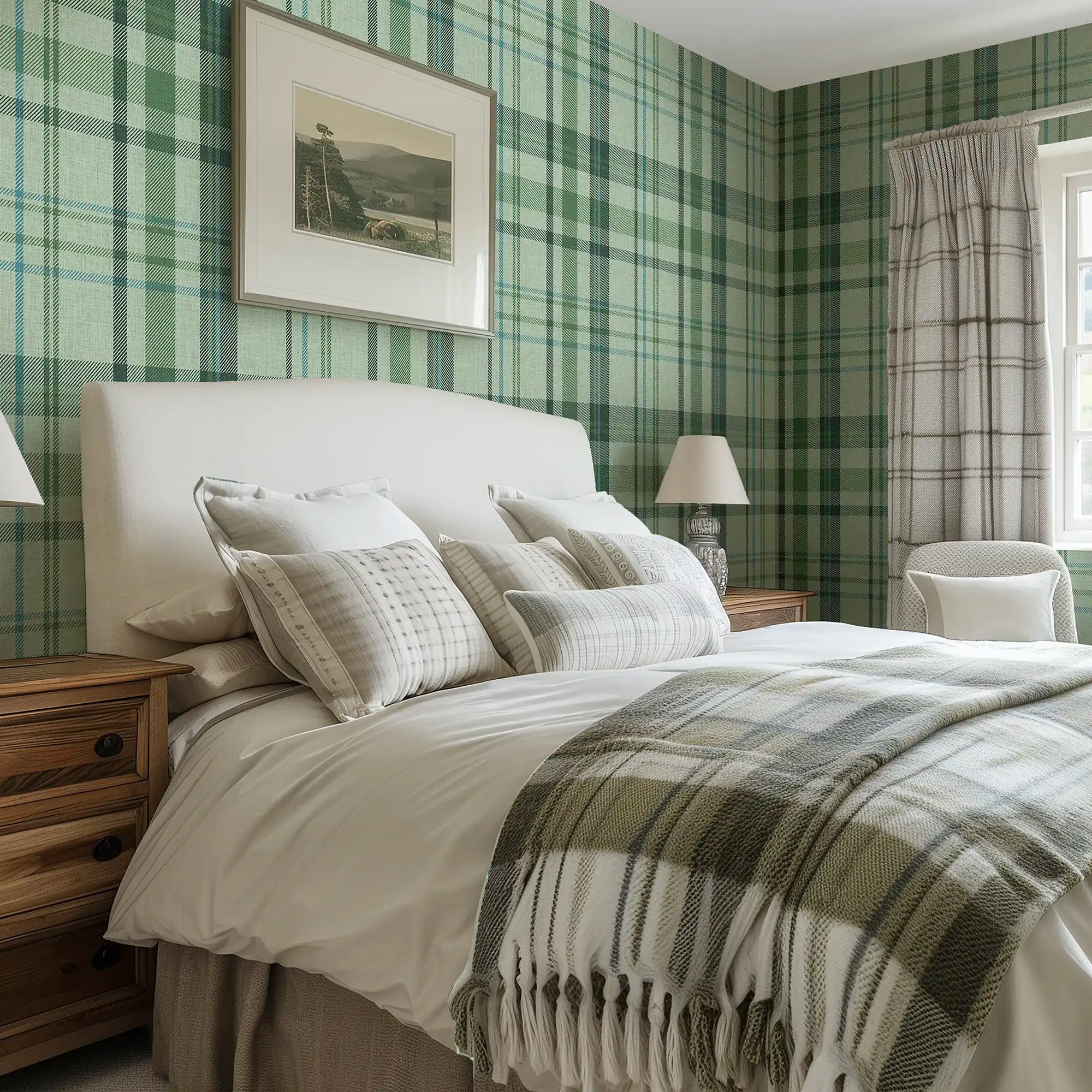 Royal Tartan Wallpaper in Sage, Green and Turquoise