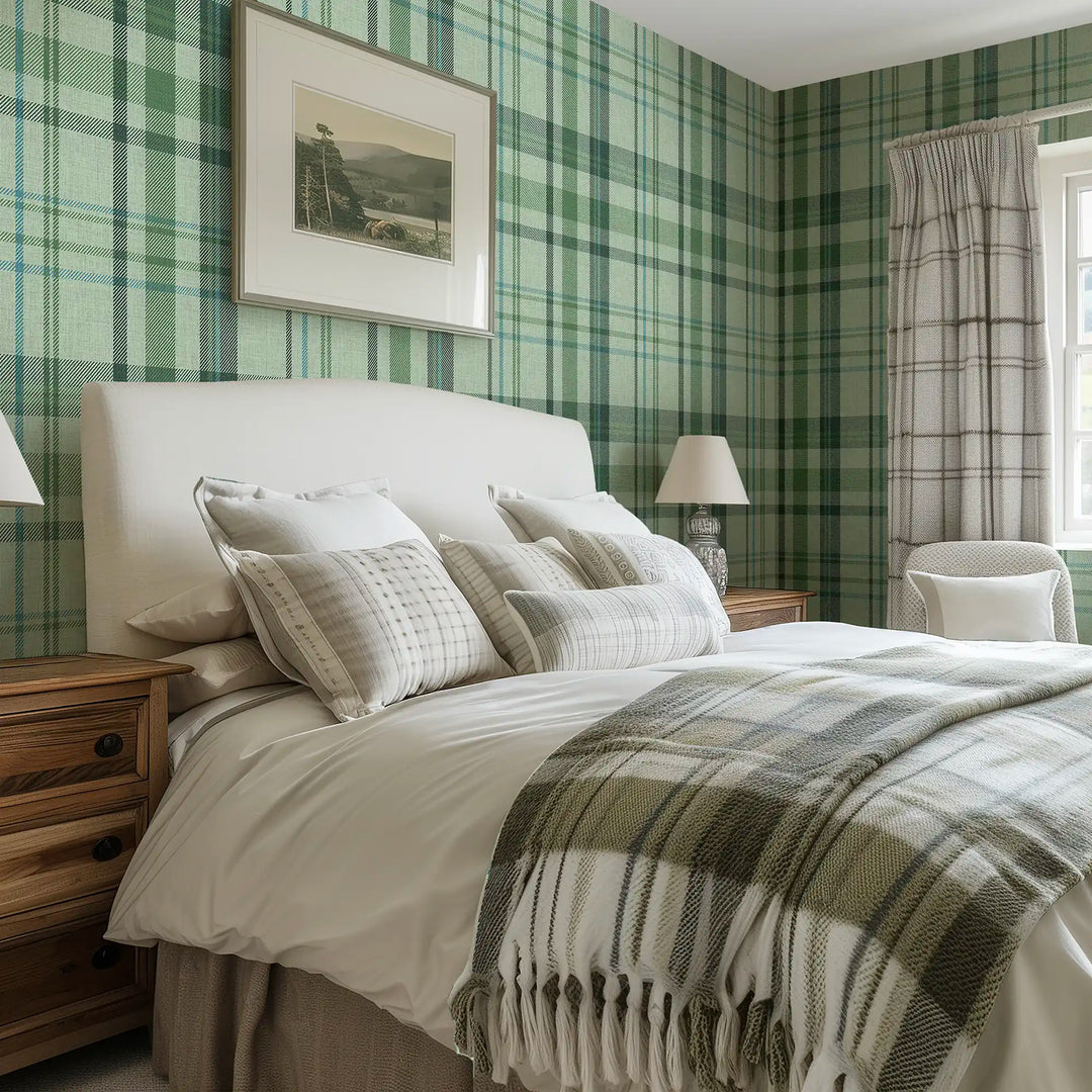 Royal Tartan Wallpaper in Sage, Green and Turquoise