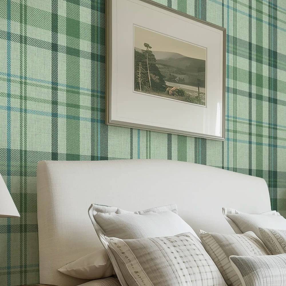 Royal Tartan Wallpaper in Sage, Green and Turquoise