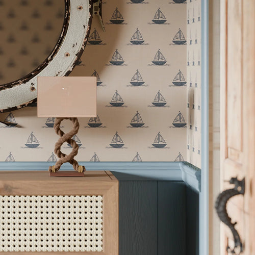 Sail Away Wallpaper in Classic Navy on Soft Spice