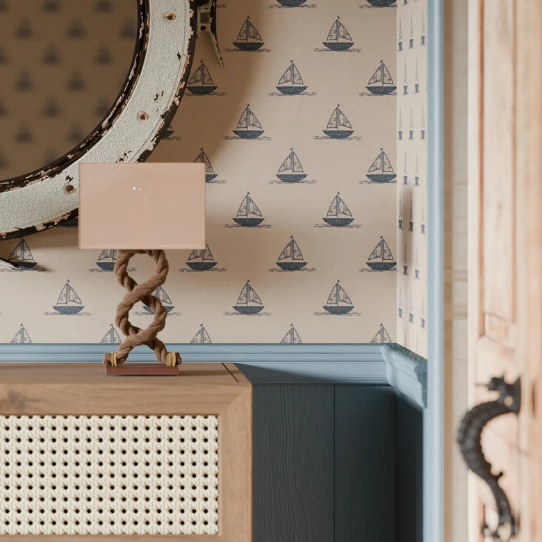 Sail Away Wallpaper in Classic Navy on Soft Spice