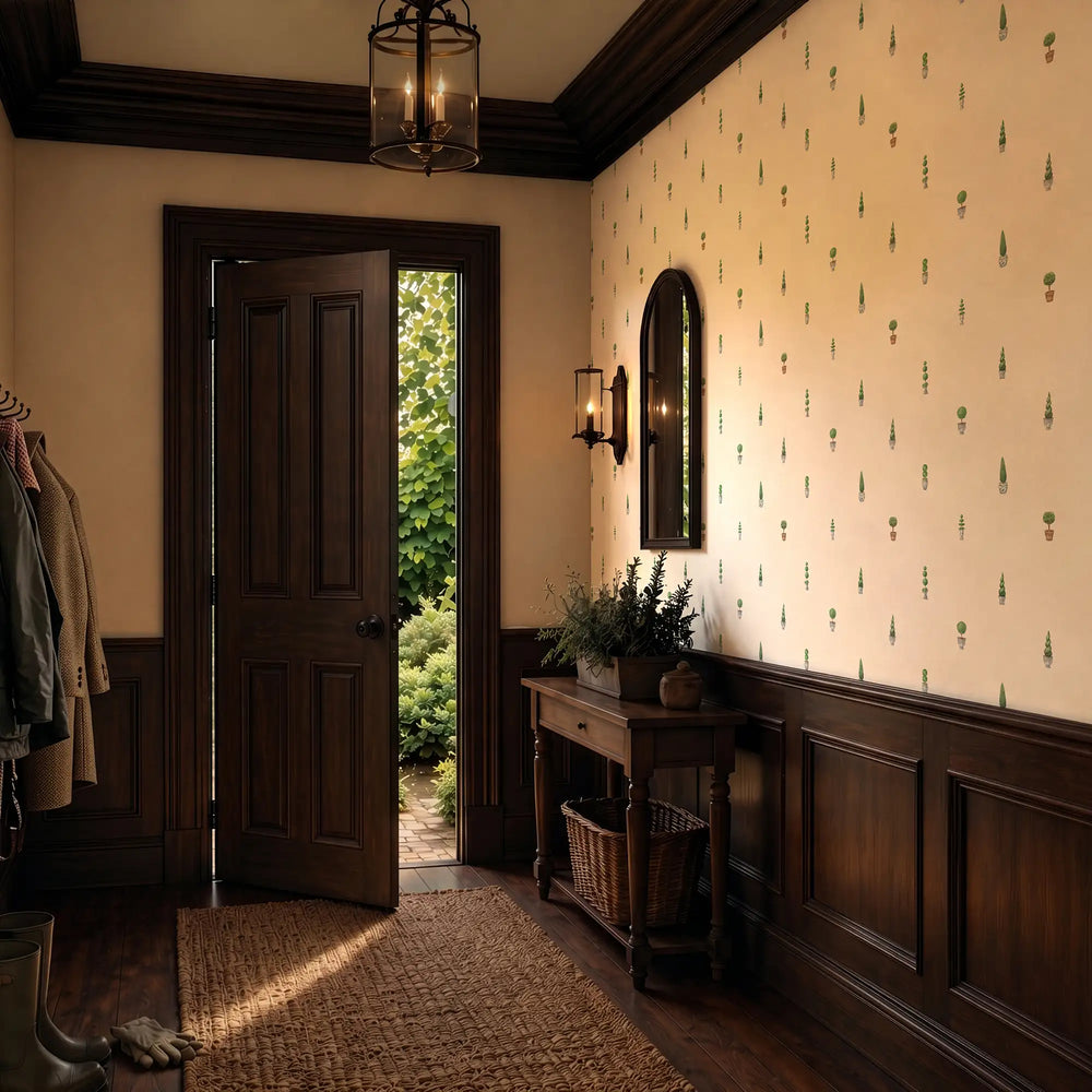Sculpted Topiary Wallpaper in Greens on Parchment Cream