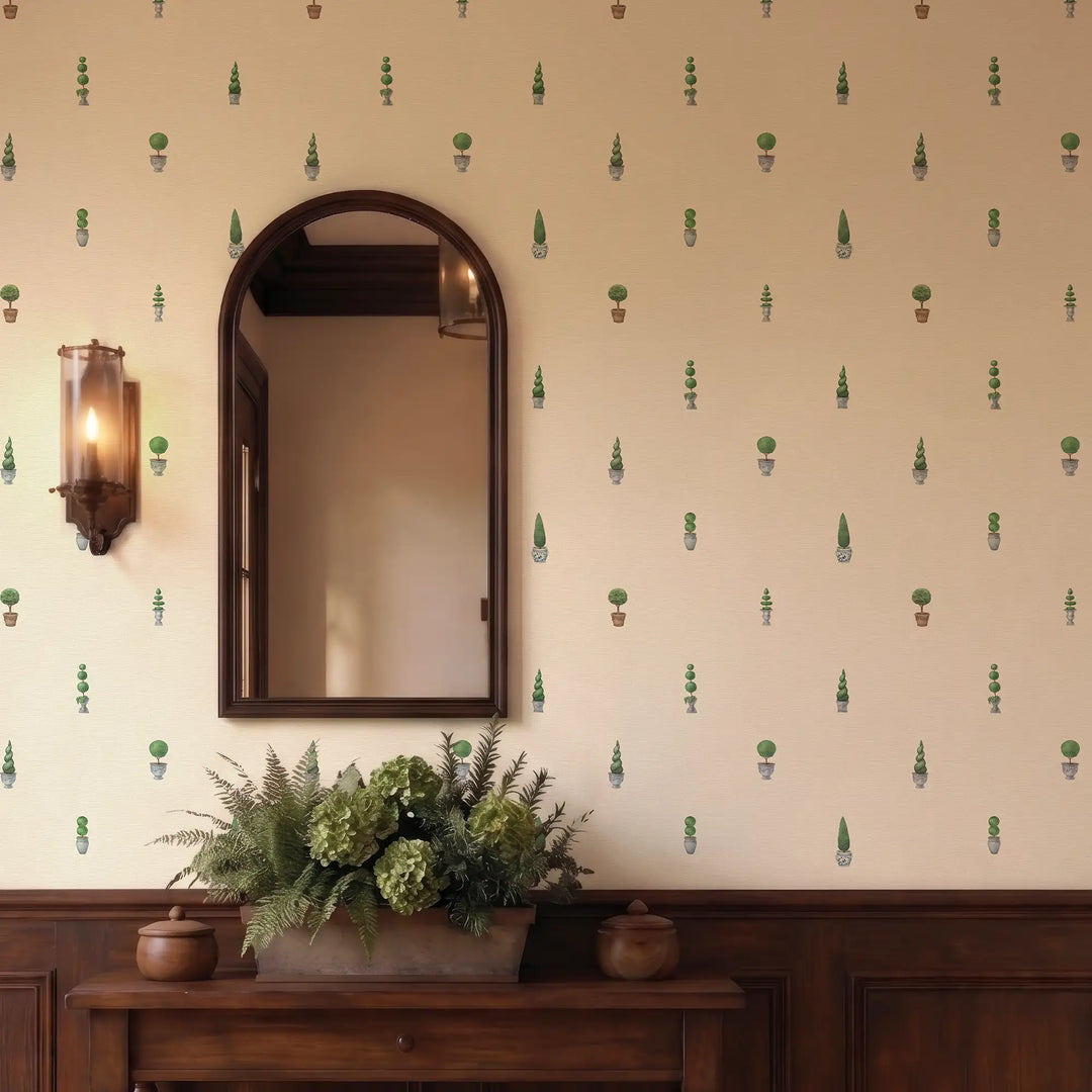 Sculpted Topiary Wallpaper in Greens on Parchment Cream