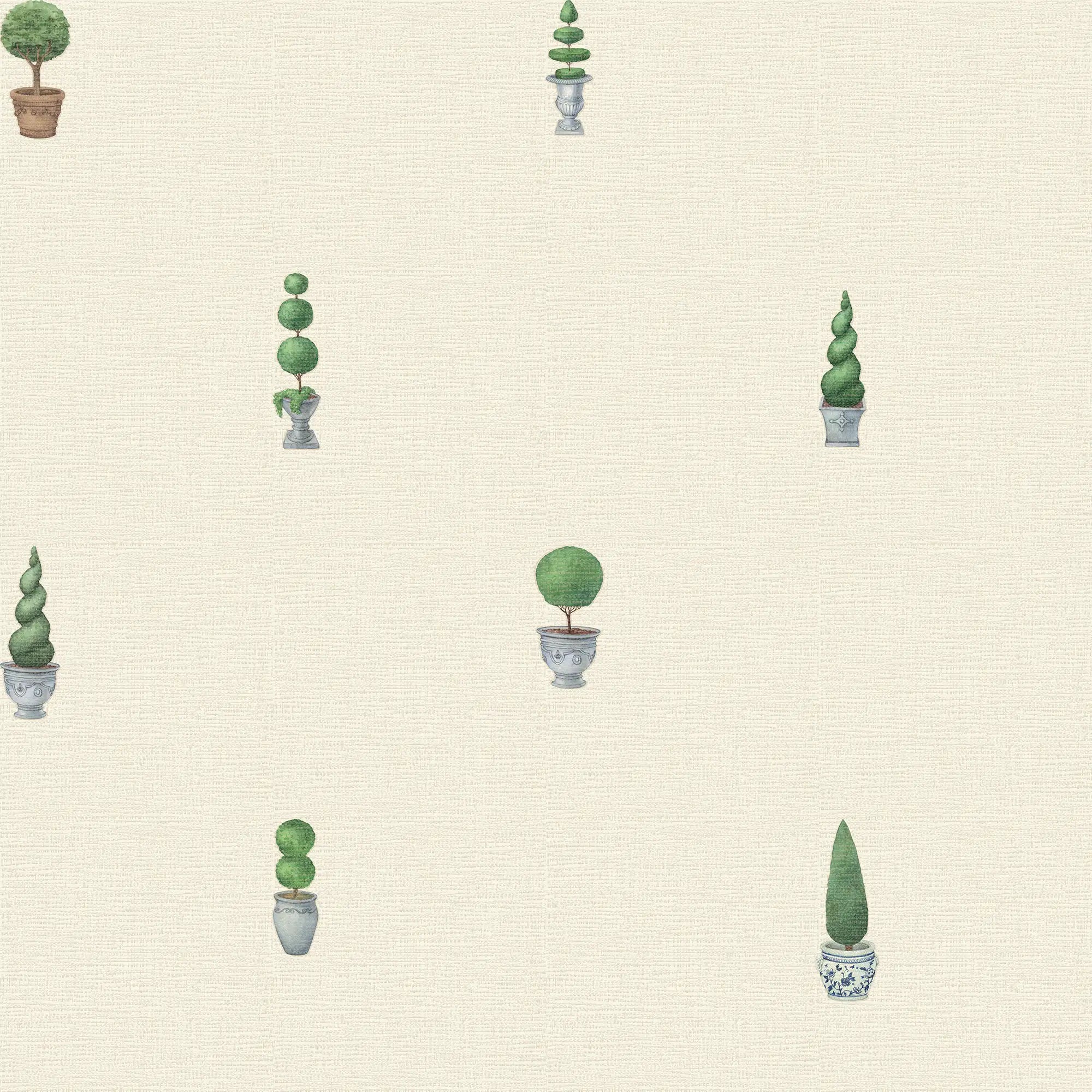 Sculpted Topiary Wallpaper in Greens on Parchment Cream