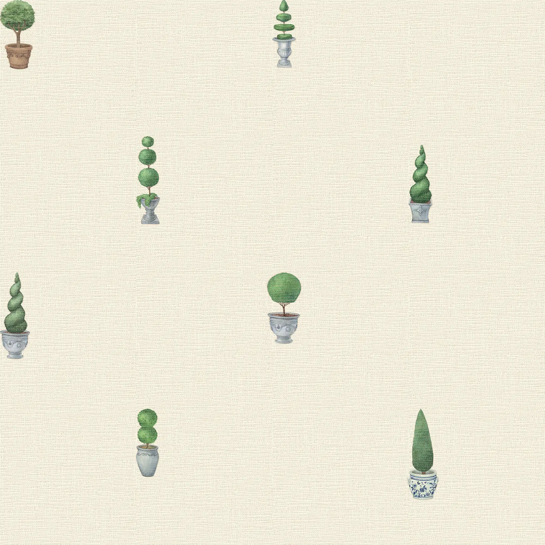 Sculpted Topiary Wallpaper in Greens on Parchment Cream