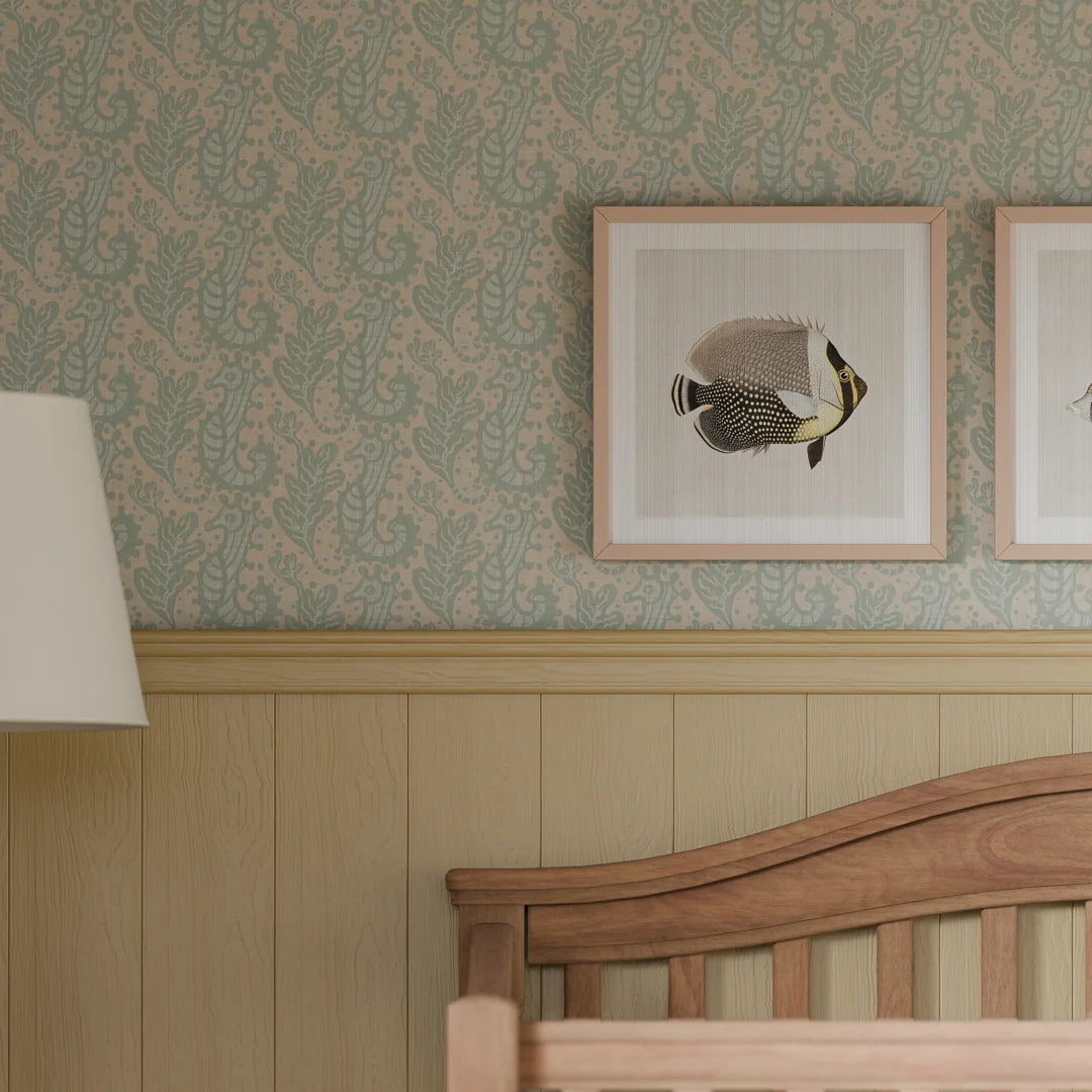 Shetland Seahorses Wallpaper In Duck Egg On Sand – Lucie Annabel