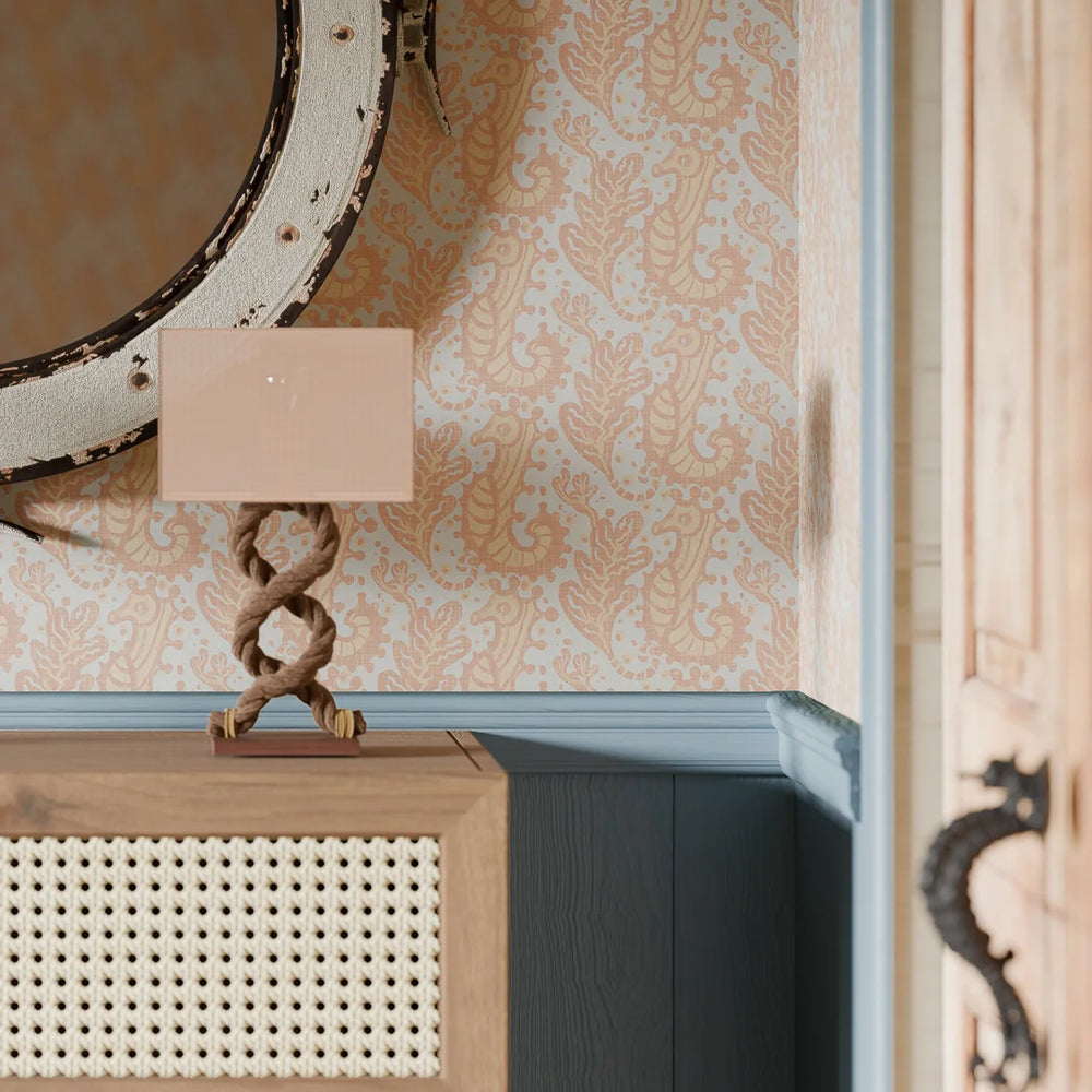 Shetland Seahorses Wallpaper in Lemon Meringue on Duck Egg