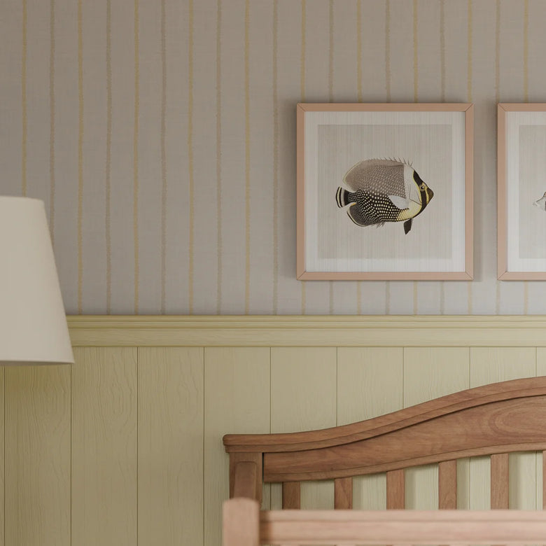 Shoreline Stripes Wallpaper in Lemon Meringue and Gold on Pearl White