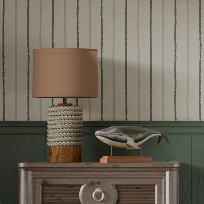 Shoreline Stripes Wallpaper in Slow Cooked Sage and Rustic Green on Sand