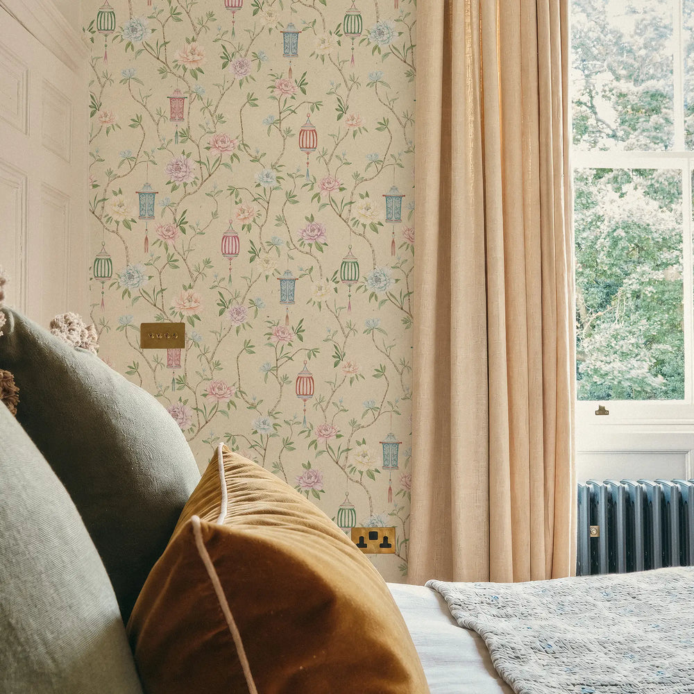 Silk Courtyard Wallpaper in Cream and Pastels
