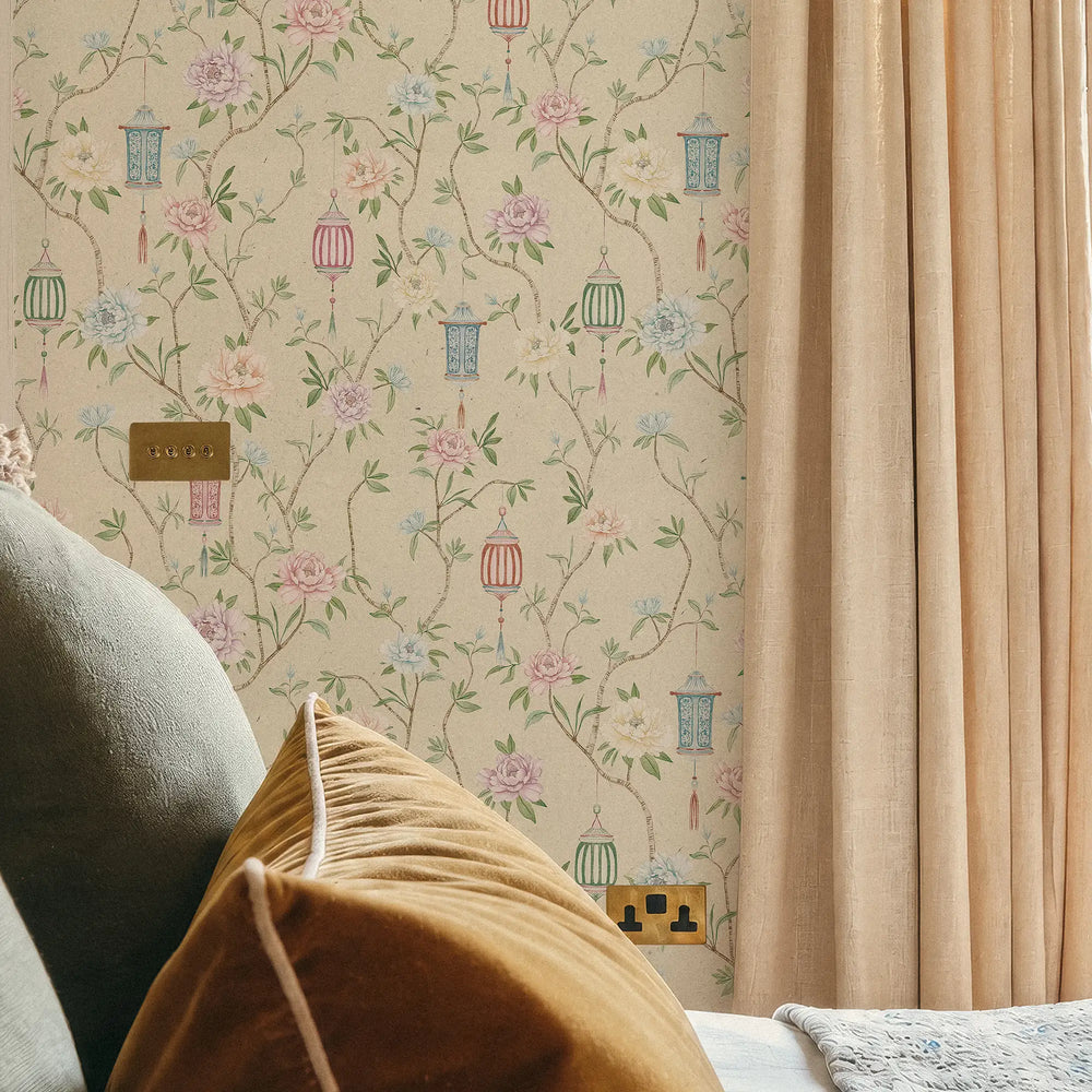 Silk Courtyard Wallpaper in Cream and Pastels