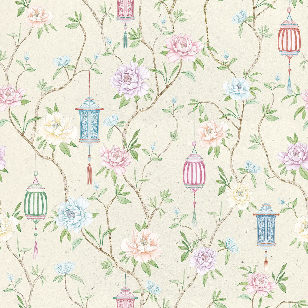 Silk Courtyard Wallpaper in Cream and Pastels