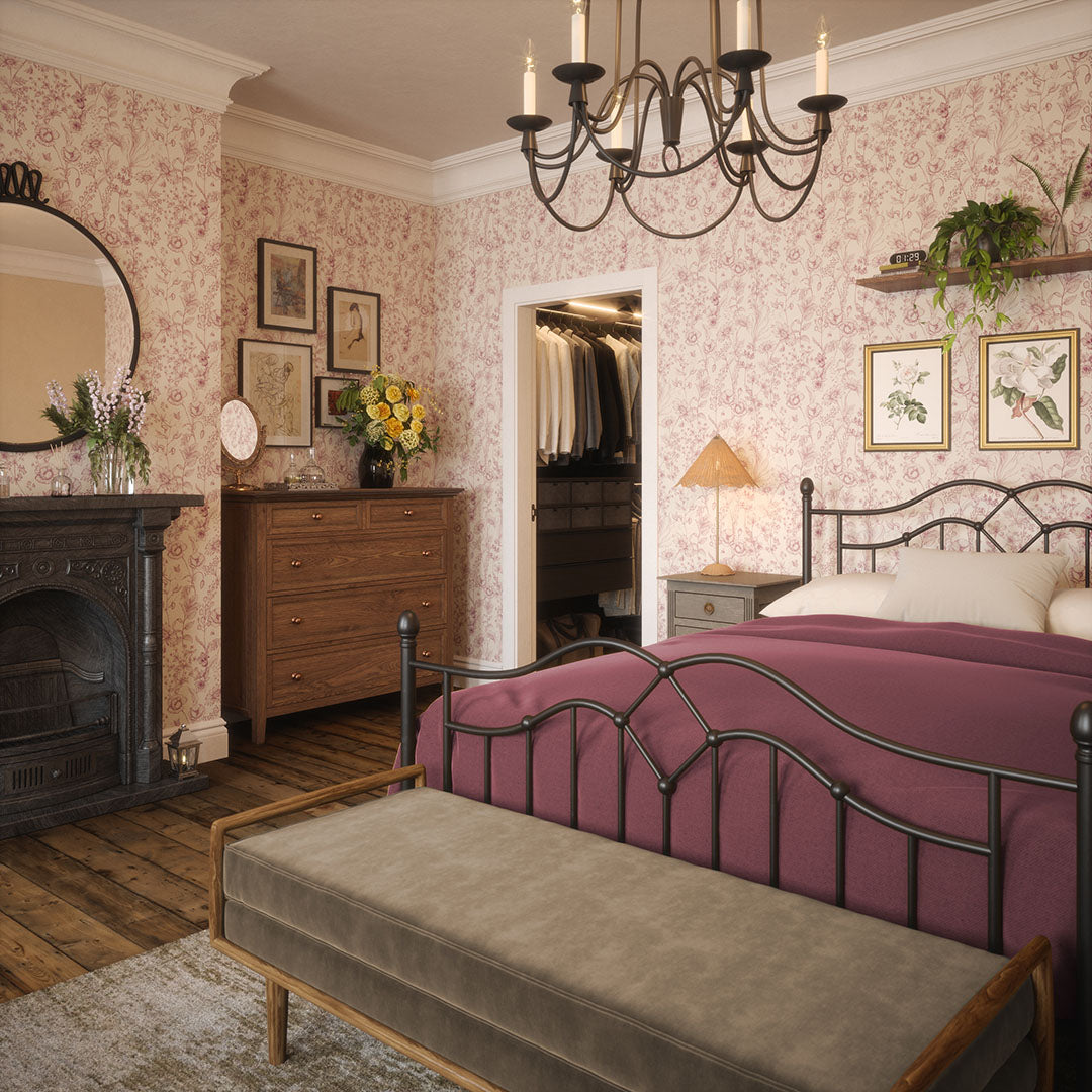 Sketched Meadow Wallpaper in Berry on Oatmeal
