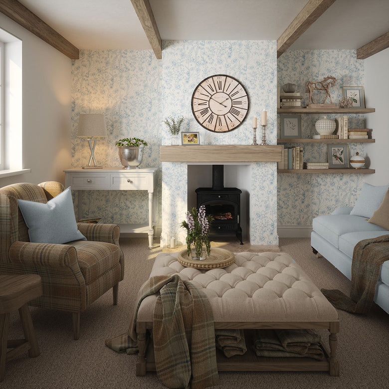 Sketched Meadow Wallpaper in Cornflower Blue on Cream