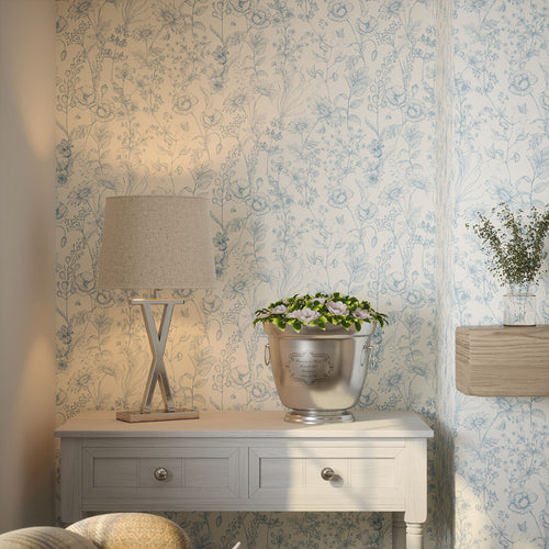 Sketched Meadow Wallpaper in Cornflower Blue on Cream