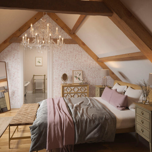 Sketched Meadow Wallpaper in Dusky Pink on White