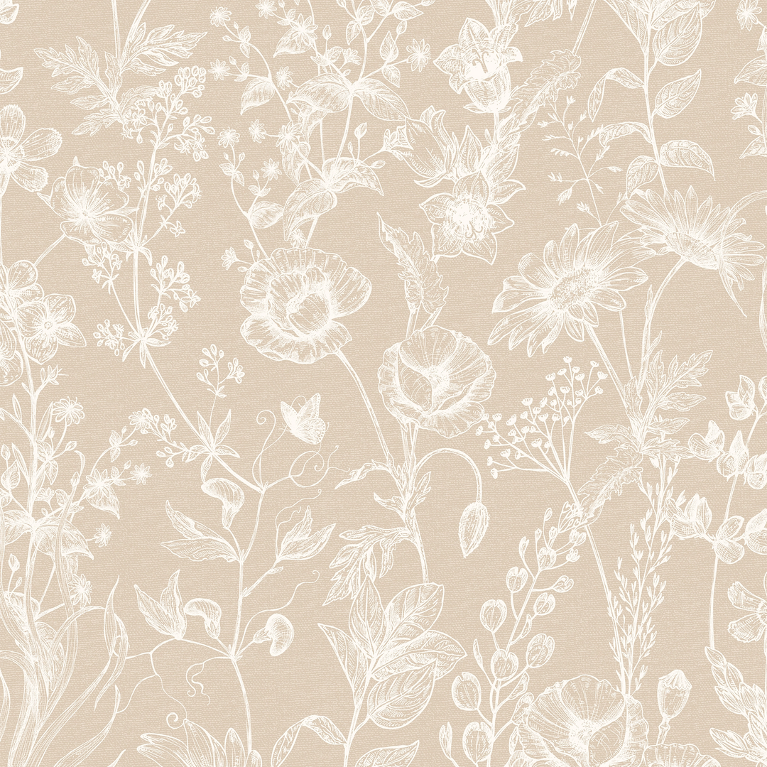 Sketched Meadow Wallpaper in Cream on Biscuit